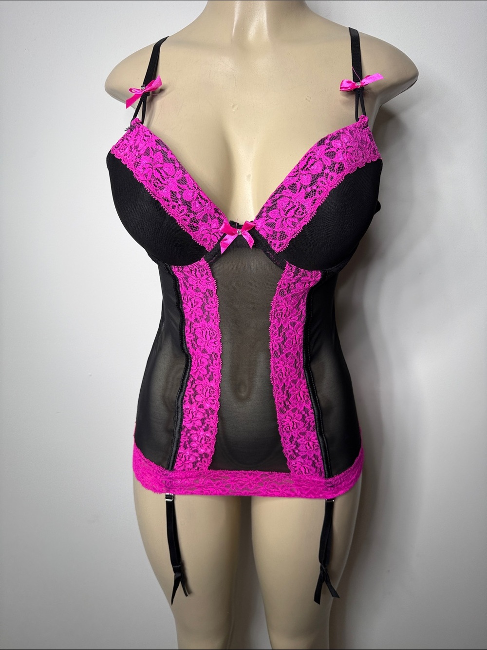Black & Hot Pink Lace Mesh Chemise with Garters